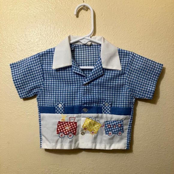 Vintage Unbranded Baby Blue Gingham Embroidered Train Button Up Shirt Size 0-3m - Picture 1 of 5